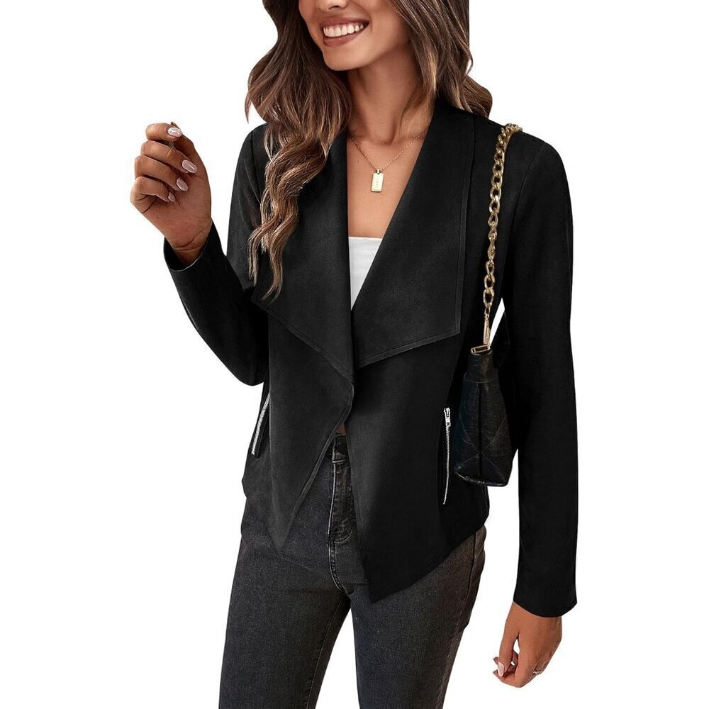 Women's Black PRETTYGARDEN Faux Suede Jackets Fashion Fall Clothes Long Sleeve